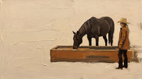 Original wide palette-knife oil painting of a dark brown horse drinking at a rust trough with a cowgirl in a straw hat, on a cream ground with heavy impasto texture