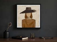 Woman in a Wide Hat Wall Art — Original Palette-Knife Oil, Chocolate & Tan — original hand-painted oil shown on the wall in a styled room
