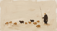 Original wide oil painting of a shepherd in a chocolate coat with a tall crook facing a scattered flock of rust and dark sheep on a cream pasture, Lowry-style with open space
