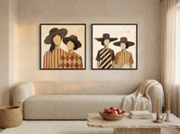 Women in Hats, Two Pairs — Set of 2 Original Oils, Chocolate & Rust — original hand-painted oil shown on the wall in a styled room