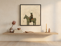 Cowboy on Horseback Wall Art — Original Palette-Knife Oil, Olive & Rust — original hand-painted oil shown on the wall in a styled room