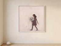 Girl with a Bouquet Wall Art — Original Palette-Knife Oil, Mauve & Cream — original hand-painted oil shown on the wall in a styled room