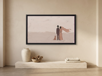 Wedding Couple & Dog Wide Wall Art — Original Palette-Knife Oil, Mauve & Blush — original hand-painted oil shown on the wall in a styled room