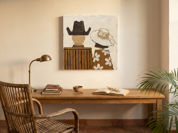 Cowboy & Cowgirl from Behind Wall Art — Original Palette-Knife Oil, Brown & Cream