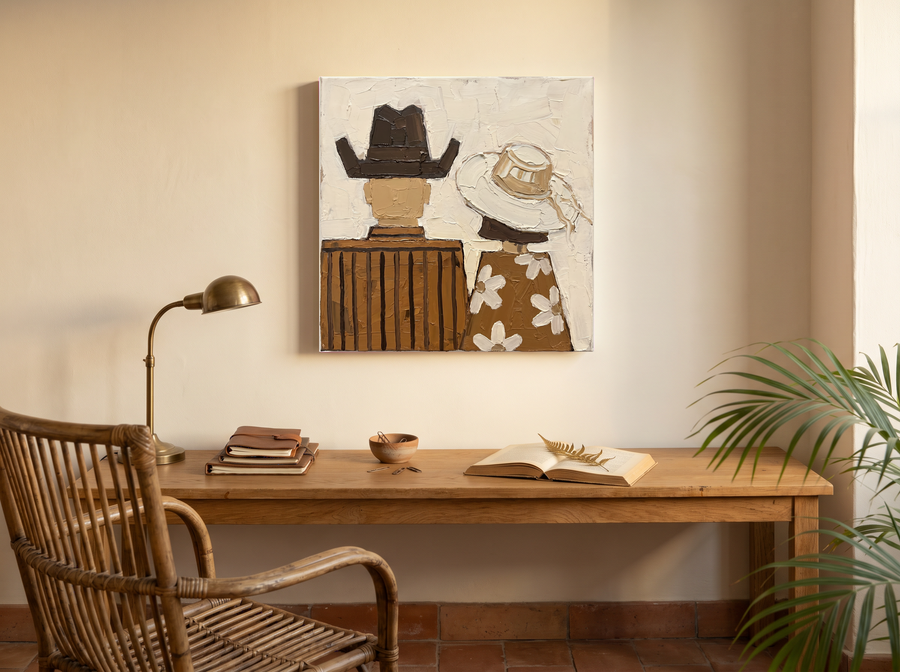 Cowboy & Cowgirl from Behind Wall Art — Original Palette-Knife Oil, Brown & Cream