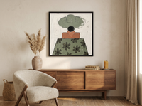 Lady in a Daisy Shirt Wall Art — Original Palette-Knife Oil, Sage & Terracotta — original hand-painted oil shown on the wall in a styled room