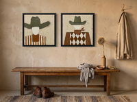 Cowboy, Front and Back — Set of 2 Original Oils, Olive & Sienna — original hand-painted oil shown on the wall in a styled room