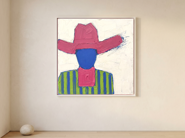 Cowboy in a Wide Hat Wall Art — Original Palette-Knife Oil, Magenta & Cobalt