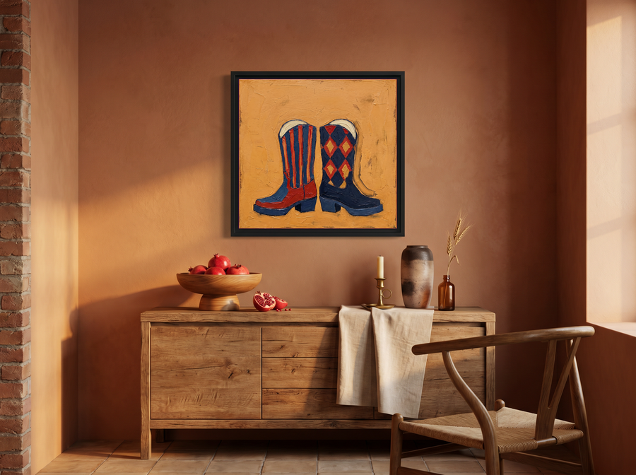Cowboy Boots Wall Art — Original Palette-Knife Oil, Navy & Red