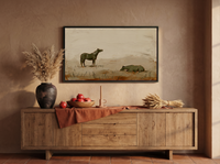 Standing and Resting Horses Wide Wall Art — Original Palette-Knife Oil, Olive & Oat — original hand-painted oil shown on the wall in a styled room
