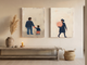 Father & Child with Woman & Bouquet — Set of 2 Original Oils, Indigo & Coral