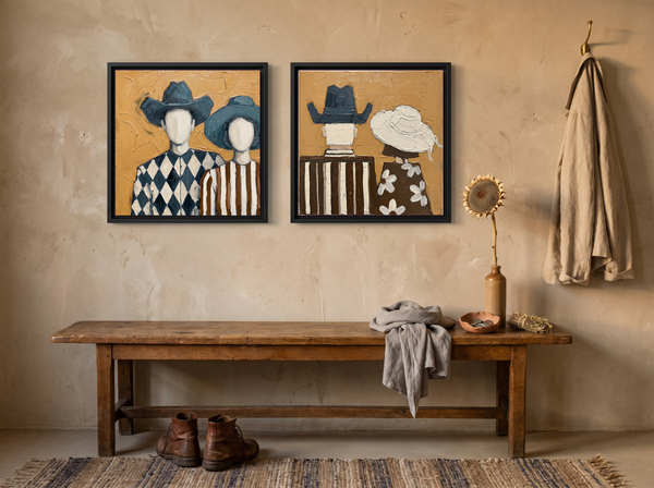 Cowboy & Cowgirl, Front & Back — Set of 2 Original Oils, Teal & Ochre