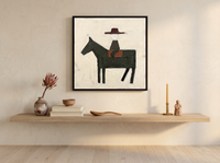 Rider on Horseback Wall Art — Original Palette-Knife Oil, Oxblood & Charcoal — original hand-painted oil shown on the wall in a styled room