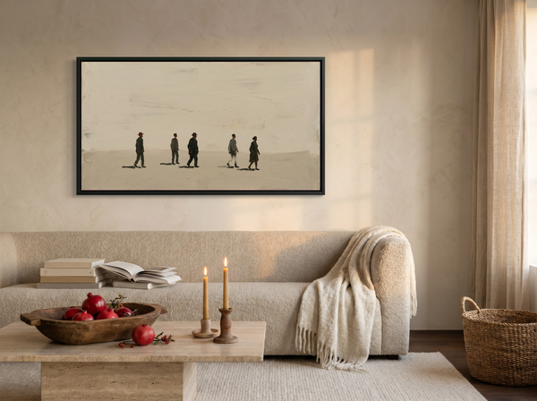 Five Walkers Wide Wall Art — Original Oil Landscape, Dark Olive & Oxblood