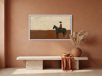 Cowboy on Horseback Wide Wall Art — Original Palette-Knife Oil, Oxblood & Olive — original hand-painted oil shown on the wall in a styled room