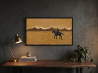 Lone Rider and Mountain Ridge Wide Wall Art — Original Palette-Knife Oil, Navy & Golden Ochre — original hand-painted oil shown on the wall in a styled room