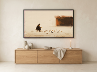 Pigeon Feeder Wide Wall Art — Original Oil, Cream & Rust — original hand-painted oil shown on the wall in a styled room