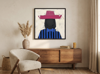 Lady in a Raspberry Hat Wall Art — Original Palette-Knife Oil, Raspberry & Cobalt — original hand-painted oil shown on the wall in a styled room