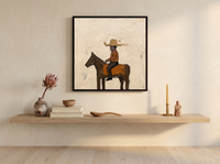 Cowboy on Horseback Wall Art — Original Palette-Knife Oil, Brown & Rust — original hand-painted oil shown on the wall in a styled room