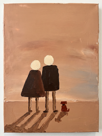 Oil painting of a man and woman in espresso coats walking hand in hand, shoulders almost touching, on a deep terracotta ground.