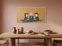 Three Women with Wine Wide Wall Art — Original Palette-Knife Oil, Ochre & Teal-Blue — original hand-painted oil shown on the wall in a styled room