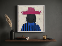 Lady in a Raspberry Hat Wall Art — Original Palette-Knife Oil, Raspberry & Cobalt — original hand-painted oil shown on the wall in a styled room