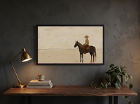 Cowboy on Horseback Wide Wall Art — Original Palette-Knife Oil, Chocolate & Tan — original hand-painted oil shown on the wall in a styled room