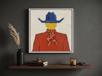 Cowboy from Behind Wall Art — Original Palette-Knife Oil, Cobalt & Rust — original hand-painted oil shown on the wall in a styled room