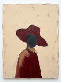 Oil painting of a woman in a deep wine wide-brim hat with a pale blank face and a wine top with a tan collar, on a cream ground.