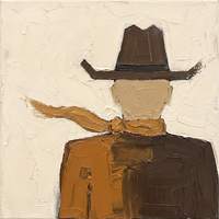 Original oil painting of a cowboy from behind in a tall espresso-brown hat with a caramel scarf flying to one side, over a two-tone caramel and espresso coat, on a cream ground