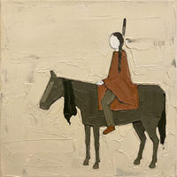 Original oil painting of a braided rider with a feather and rust blanket on a dark olive horse, heavy palette-knife texture on a cream ground