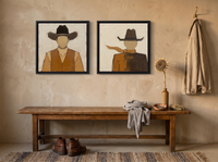 Cowboy Pair, Front & Back — Set of 2 Original Oils, Rust & Chocolate — original hand-painted oil shown on the wall in a styled room