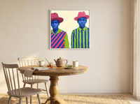 Two Figures in Hats Wall Art — Original Palette-Knife Oil, Pink & Cobalt — original hand-painted oil shown on the wall in a styled room