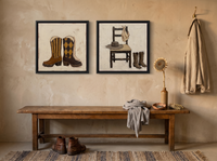 Cowboy Boots & Hat — Set of 2 Original Oils, Chocolate & Rust — original hand-painted oil shown on the wall in a styled room