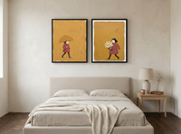 Woman with Umbrella & Woman with Bouquet — Set of 2 Original Oils, Mustard & Rose — original hand-painted oil shown on the wall in a styled room