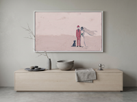 Wedding Couple & Dog Wide Wall Art — Original Palette-Knife Oil, Pink & Emerald — original hand-painted oil shown on the wall in a styled room