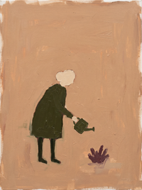 Oil painting of a woman in a moss-green coat watering a plum-red potted plant with a green can, on a warm clay-tan ground.