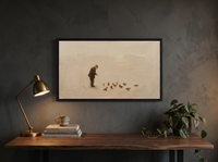 Man Feeding Pigeons Wide Wall Art — Original Oil Landscape, Chocolate & Cream — original hand-painted oil shown on the wall in a styled room
