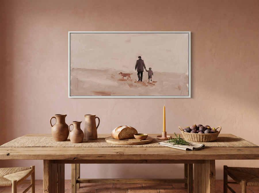 Father, Child and Dog Walking Wide Wall Art — Original Oil Landscape, Mauve & Rose-Brown