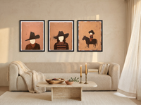 Western Family Triptych — 3 Original Oils, Espresso & Terracotta — original hand-painted oil shown on the wall in a styled room