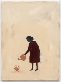 Oil painting of a woman seen from behind in a wine dress watering a rust sprig with an oat-tan can, on a cream ground.