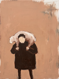 Oil painting of a figure in a near-black coat carrying a white lamb across the shoulders, on a terracotta ground.