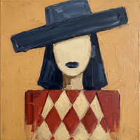 Oil painting of a woman under a long navy flat-brim hat, a blank cream face with a single dark lip mark and a vermilion harlequin bodice, on a mustard-gold ground.