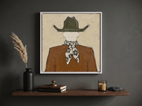 Cowboy from Behind Wall Art — Original Palette-Knife Oil, Olive & Caramel — original hand-painted oil shown on the wall in a styled room