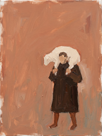 Oil painting of an old man in a near-black coat with a pale bald head, leaning on a cane over brown pigeons on a deep terracotta ground.