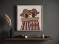 Two Ladies in Hats Wall Art — Original Palette-Knife Oil, Plum & Tan — original hand-painted oil shown on the wall in a styled room