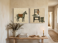 Horse & Cowboy Gear — Set of 2 Original Oils, Olive & Sienna — original hand-painted oil shown on the wall in a styled room