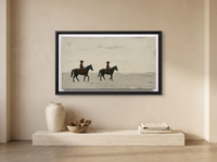 Two Riders at Dusk Wide Canvas — Original Palette-Knife Oil, Oxblood & Grey — original hand-painted oil shown on the wall in a styled room