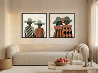 Women in Wide-Brim Hats — Set of 2 Original Oils, Sage & Terracotta — original hand-painted oil shown on the wall in a styled room