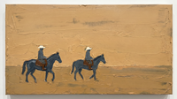 Original oil painting of two horse riders on a golden-ochre field, slate-blue horses and pale riders in white broad hats, heavy palette-knife texture in a 16:9 wide format